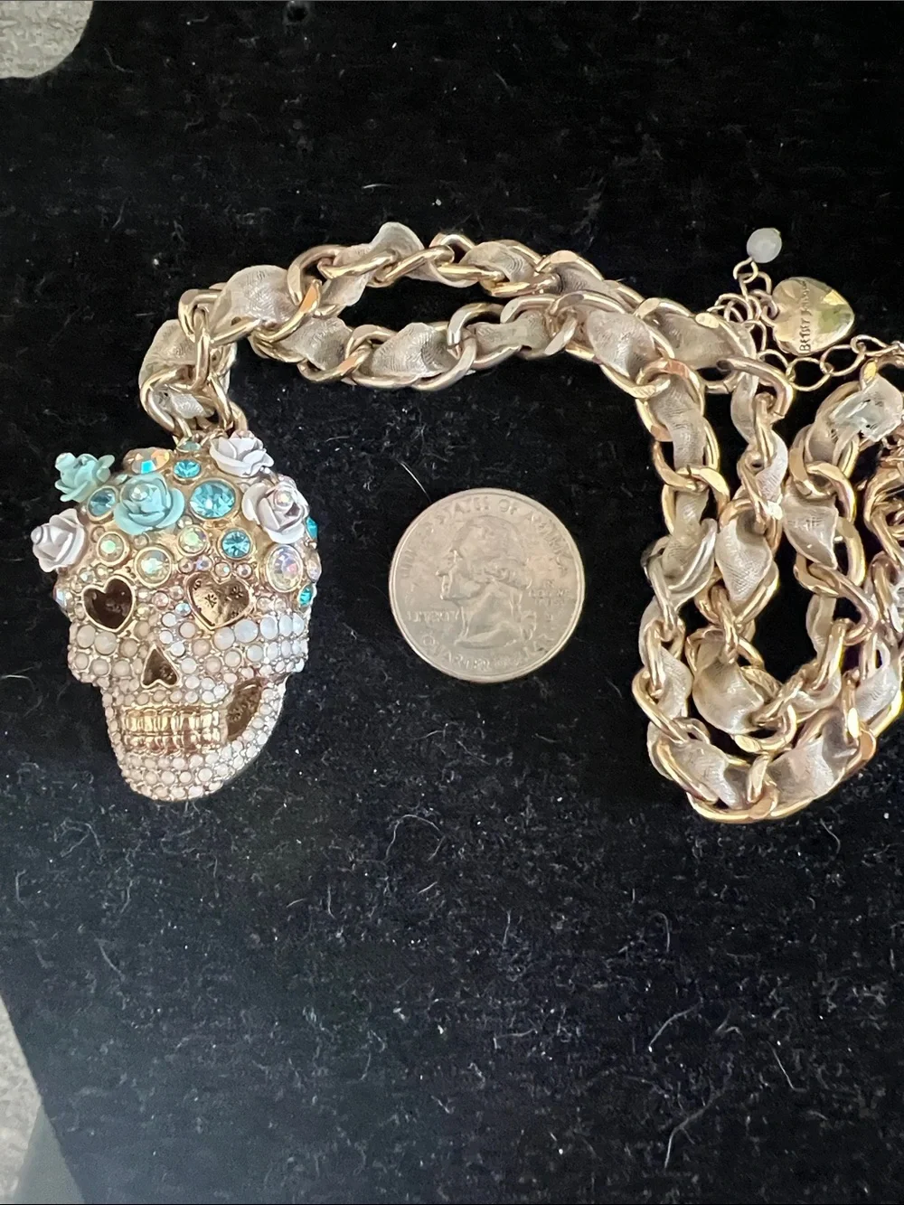 Betsey Johnson Gold Skull Pendant Necklace w Crystal Flowers-that grill!! - Picture 6 of 6